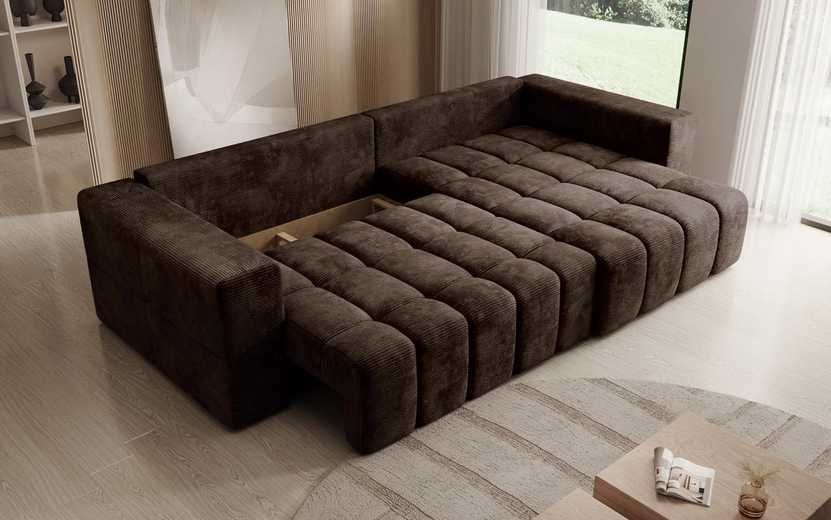 Canapé d’angle design Momo avec fonction couchage et rabattable en Côtelé