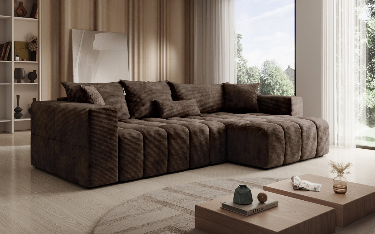Canapé d’angle design Momo avec fonction couchage et rabattable en Côtelé