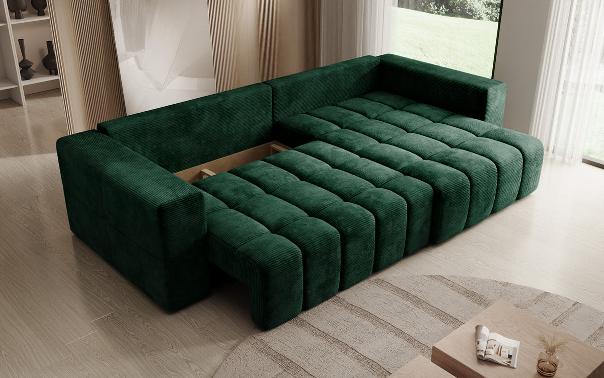 Canapé d’angle design Momo avec fonction couchage et rabattable en Côtelé