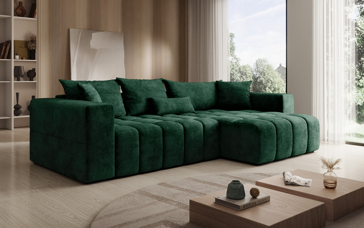 Canapé d’angle design Momo avec fonction couchage et rabattable en Côtelé