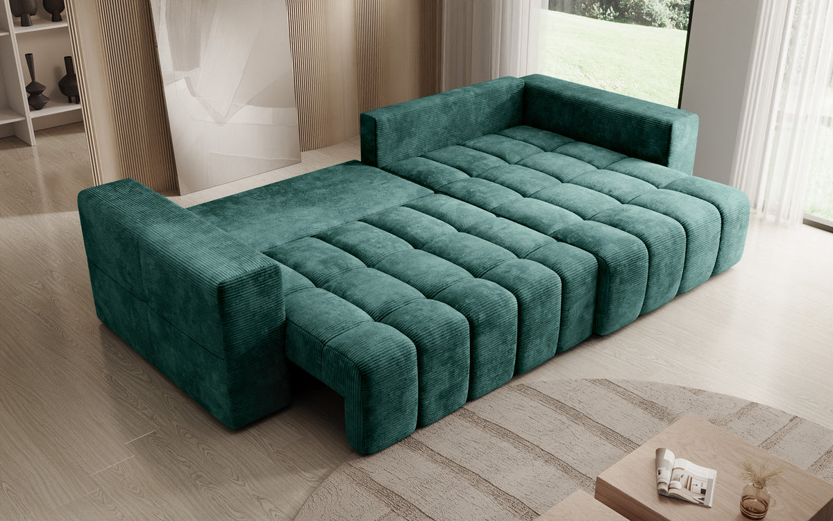 Canapé d’angle design Momo avec fonction couchage et rabattable en Côtelé