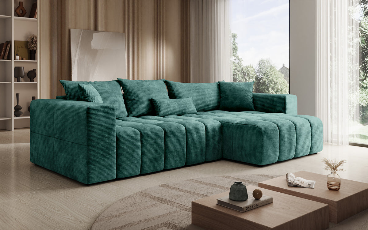 Canapé d’angle design Momo avec fonction couchage et rabattable en Côtelé