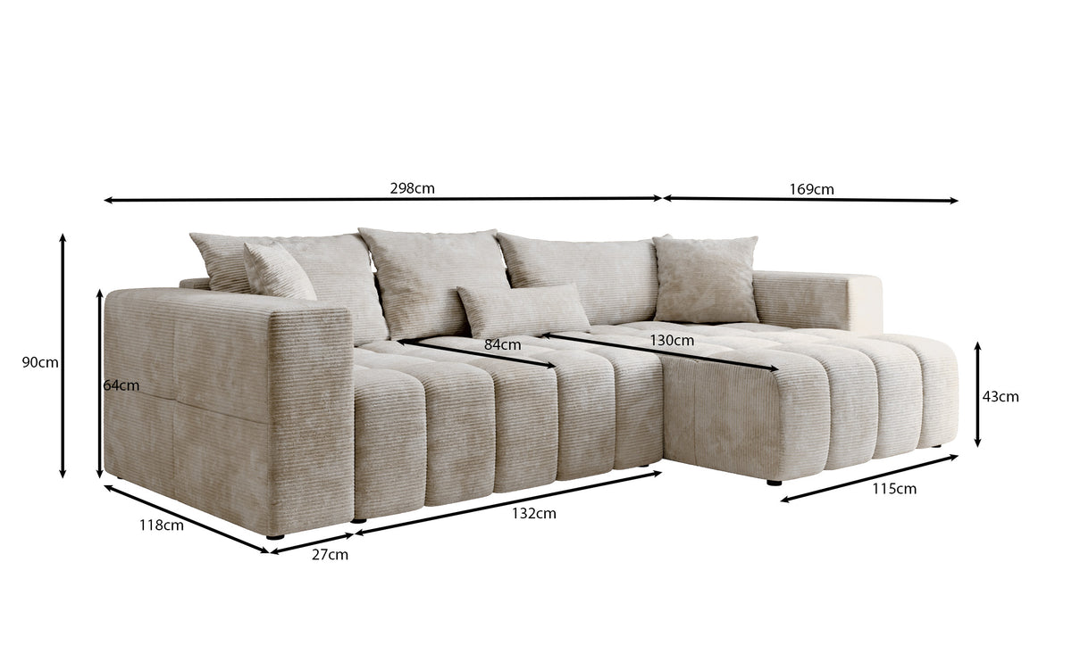 Canapé d’angle design Momo avec fonction couchage et rabattable en Côtelé