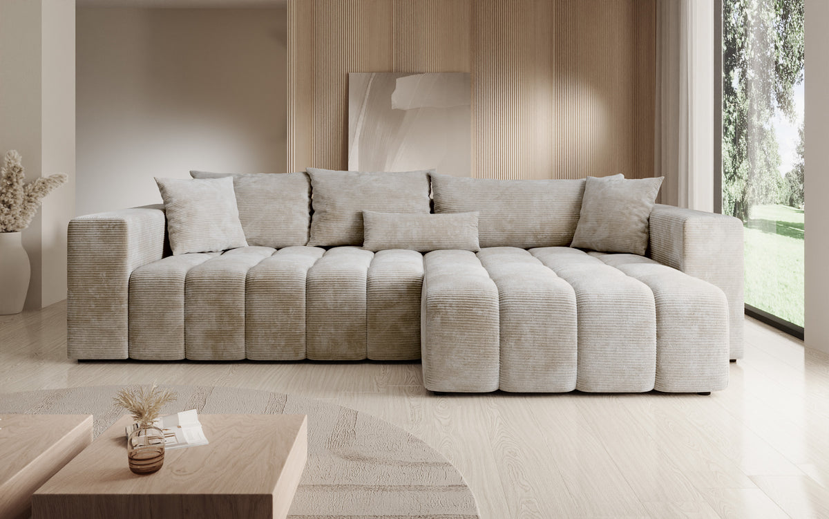 Canapé d’angle design Momo avec fonction couchage et rabattable en Côtelé