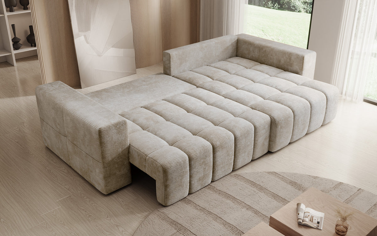 Canapé d’angle design Momo avec fonction couchage et rabattable en Côtelé