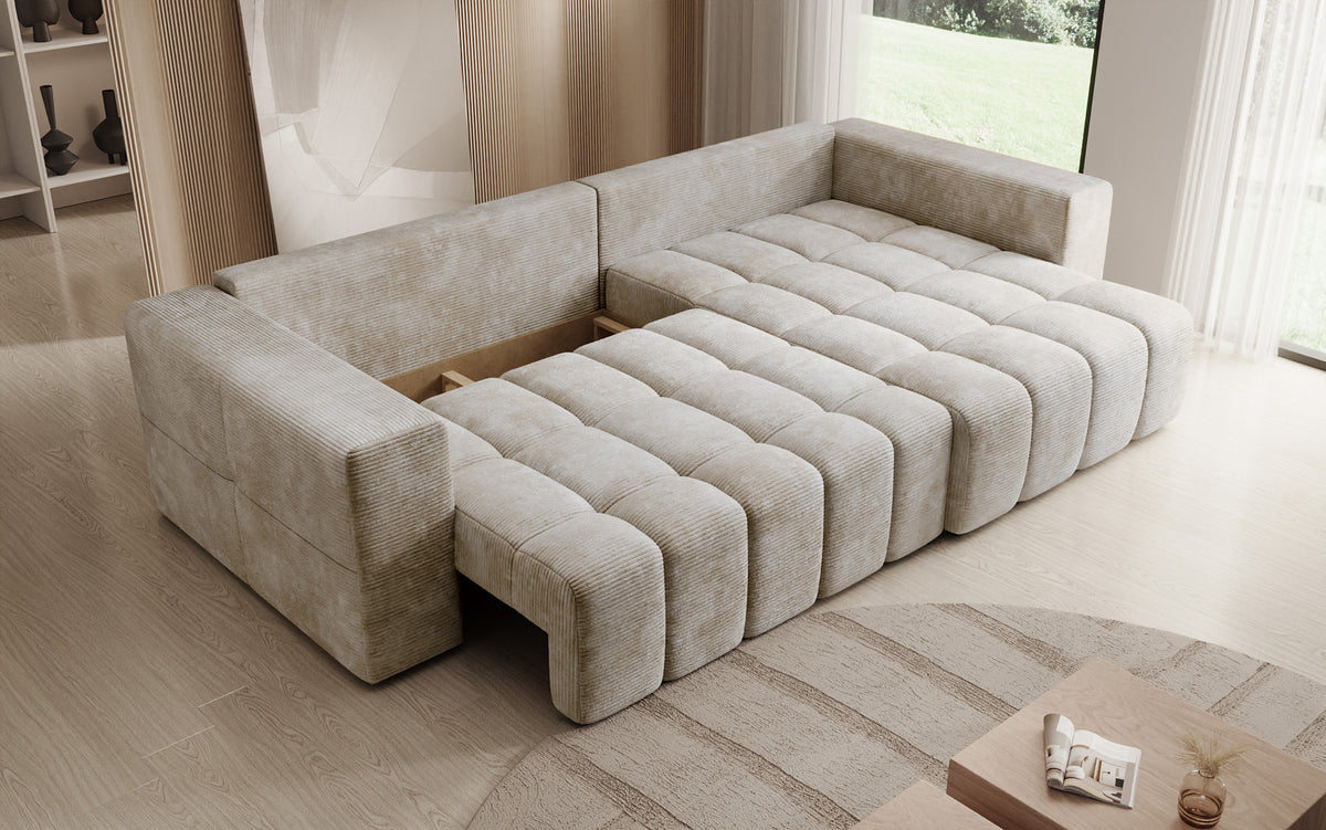 Canapé d’angle design Momo avec fonction couchage et rabattable en Côtelé