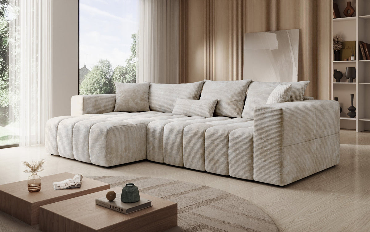 Canapé d’angle design Momo avec fonction couchage et rabattable en Côtelé