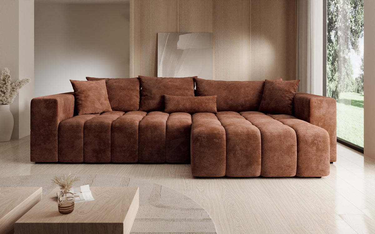 Canapé d’angle design Momo avec fonction couchage et rabattable en Côtelé