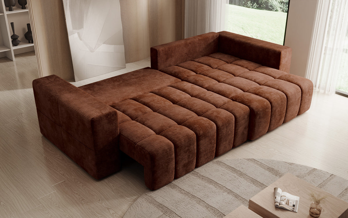 Canapé d’angle design Momo avec fonction couchage et rabattable en Côtelé