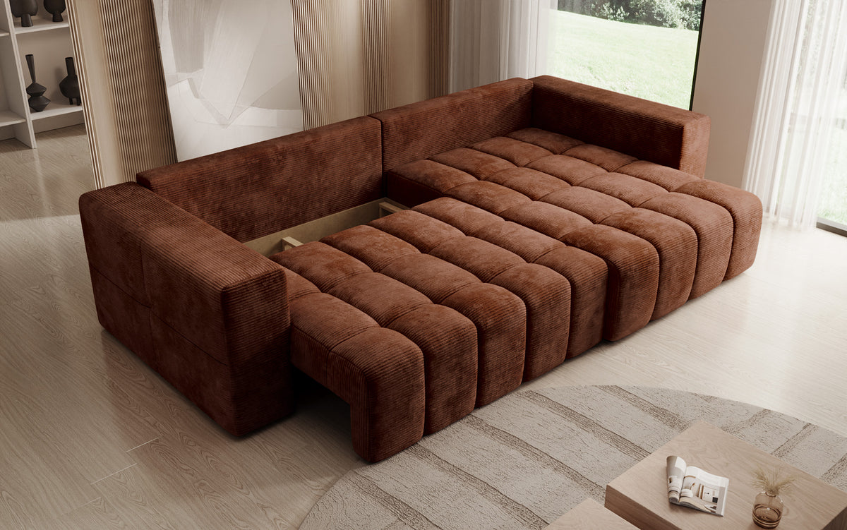 Canapé d’angle design Momo avec fonction couchage et rabattable en Côtelé