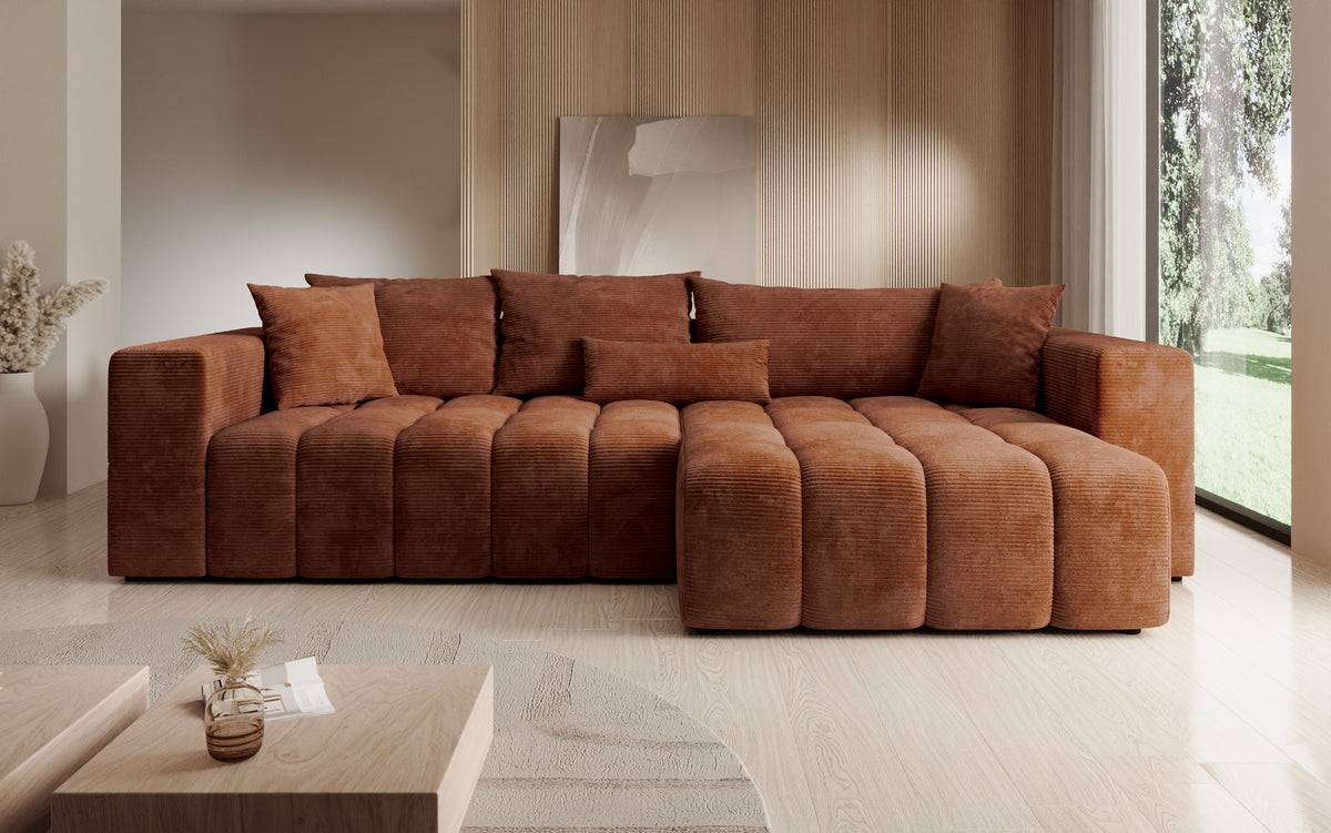 Canapé d’angle design Momo avec fonction couchage et rabattable en Côtelé