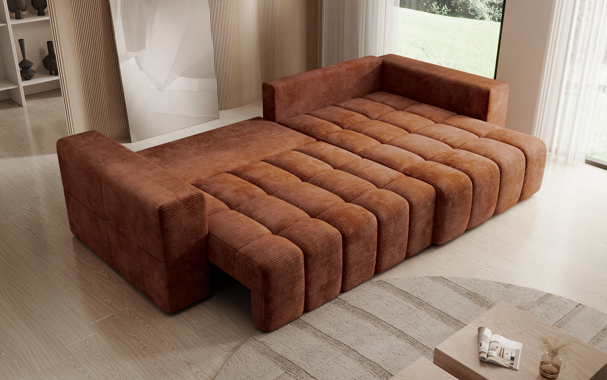 Canapé d’angle design Momo avec fonction couchage et rabattable en Côtelé