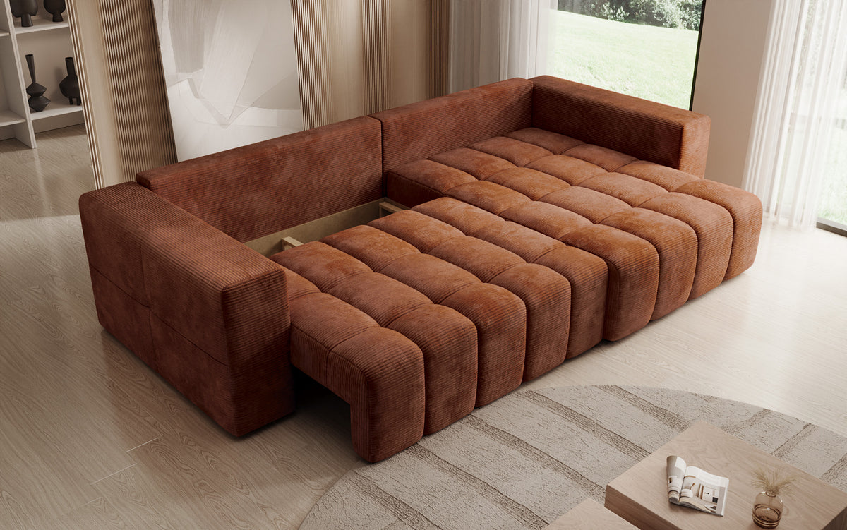 Canapé d’angle design Momo avec fonction couchage et rabattable en Côtelé
