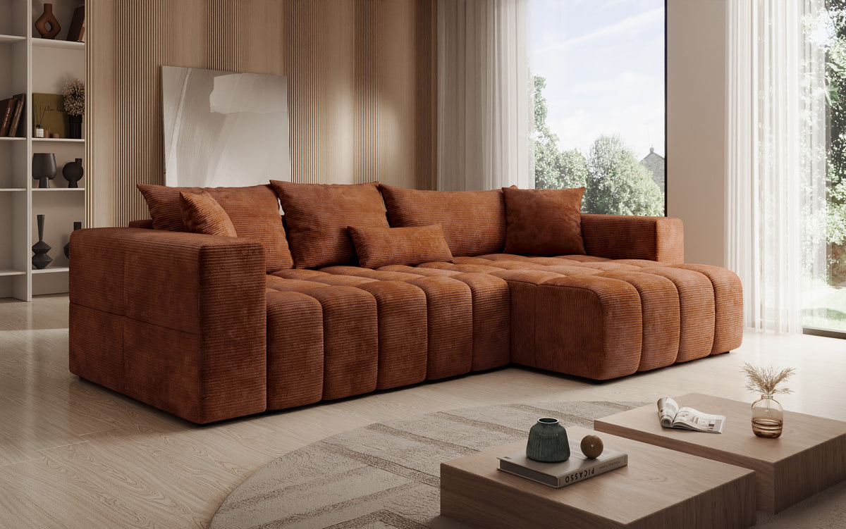 Canapé d’angle design Momo avec fonction couchage et rabattable en Côtelé