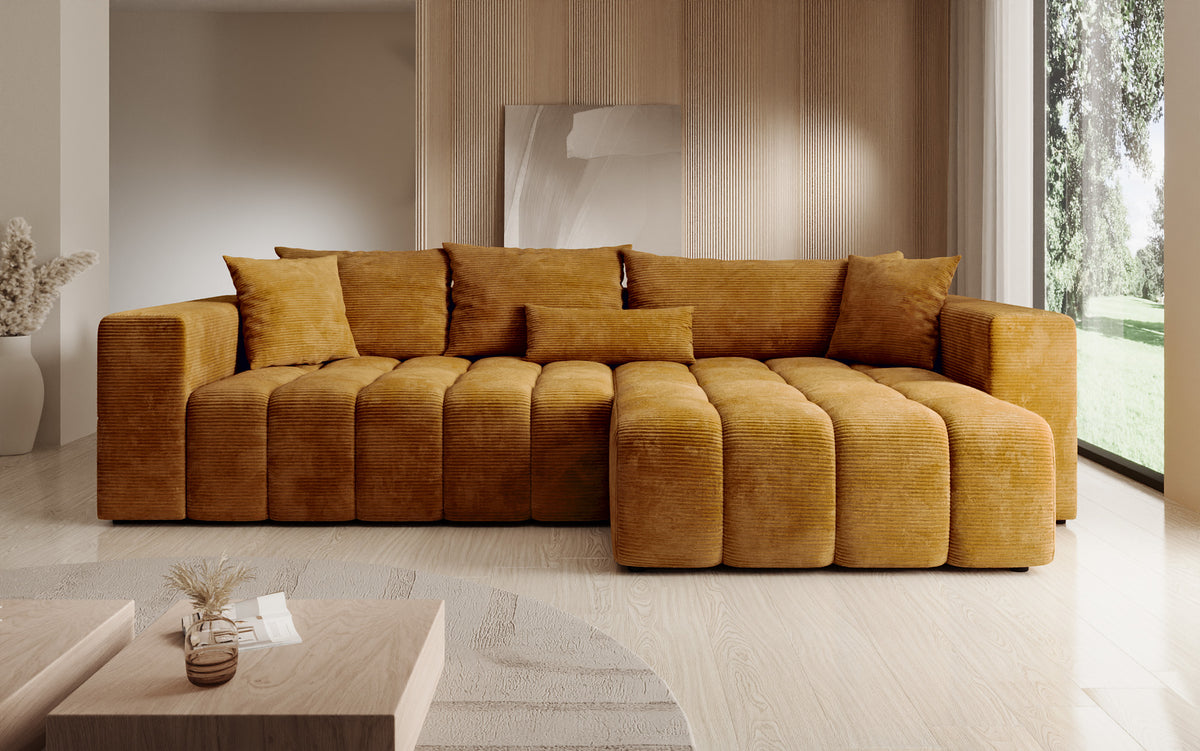 Canapé d’angle design Momo avec fonction couchage et rabattable en Côtelé