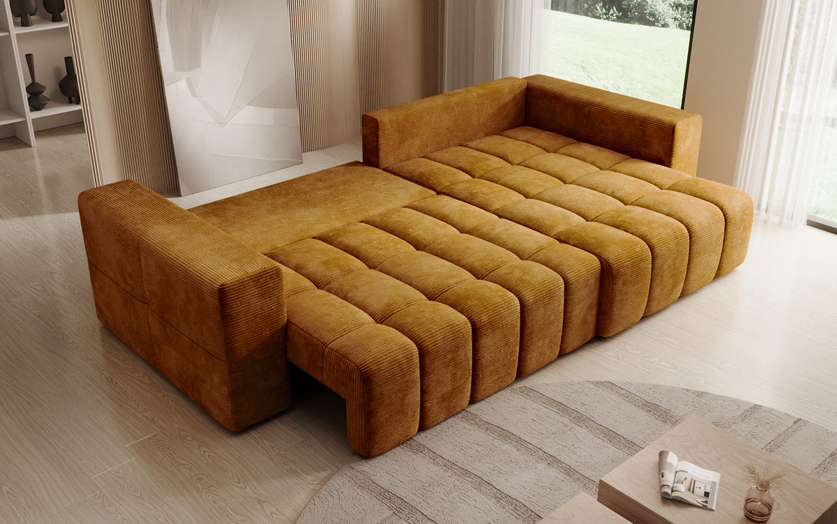 Canapé d’angle design Momo avec fonction couchage et rabattable en Côtelé