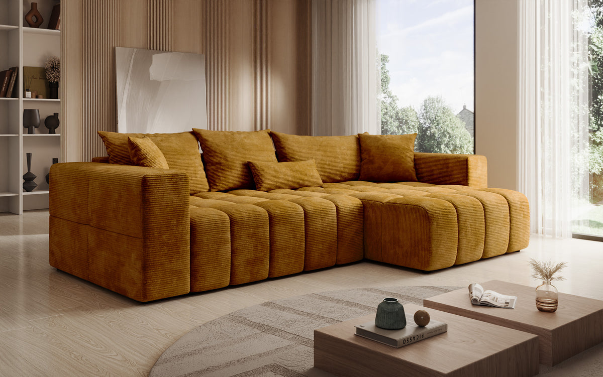 Canapé d’angle design Momo avec fonction couchage et rabattable en Côtelé