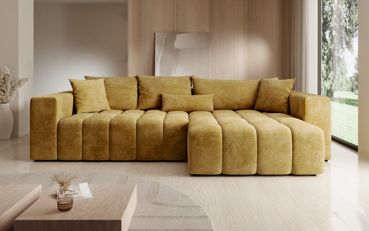 Canapé d’angle design Momo avec fonction couchage et rabattable en Côtelé