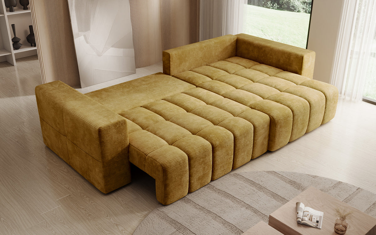 Canapé d’angle design Momo avec fonction couchage et rabattable en Côtelé