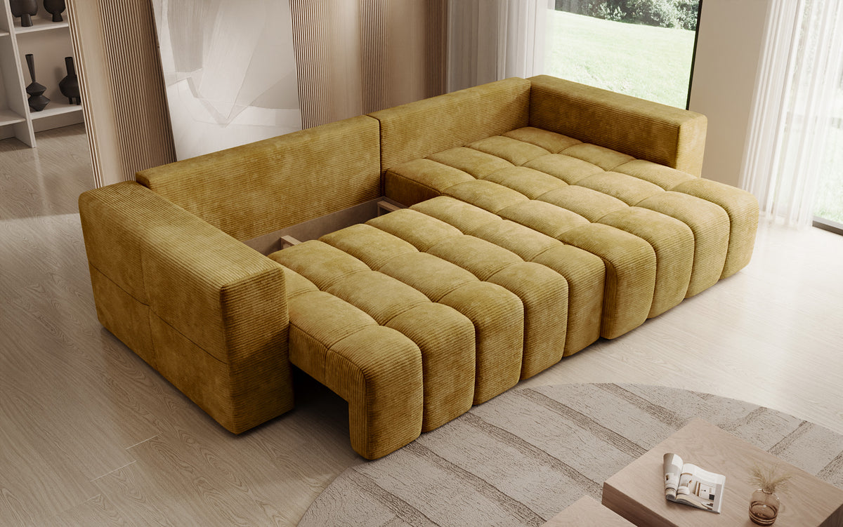 Canapé d’angle design Momo avec fonction couchage et rabattable en Côtelé