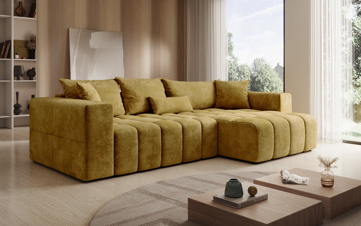 Canapé d’angle design Momo avec fonction couchage et rabattable en Côtelé