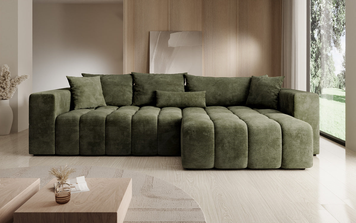 Canapé d’angle design Momo avec fonction couchage et rabattable en Côtelé