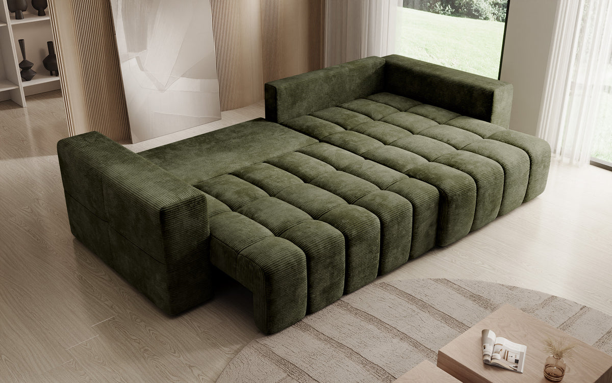 Canapé d’angle design Momo avec fonction couchage et rabattable en Côtelé