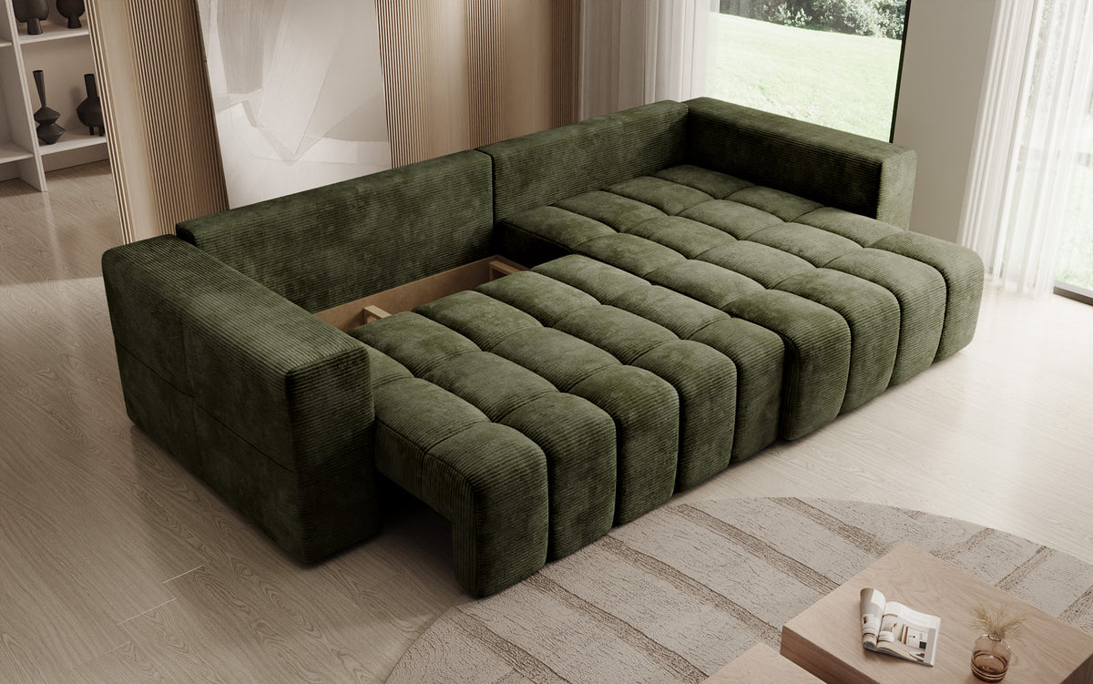 Canapé d’angle design Momo avec fonction couchage et rabattable en Côtelé