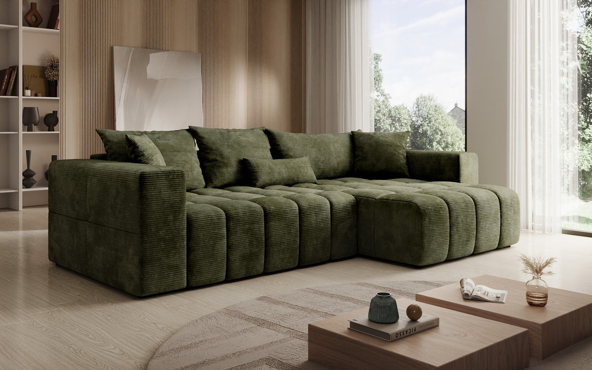 Canapé d’angle design Momo avec fonction couchage et rabattable en Côtelé