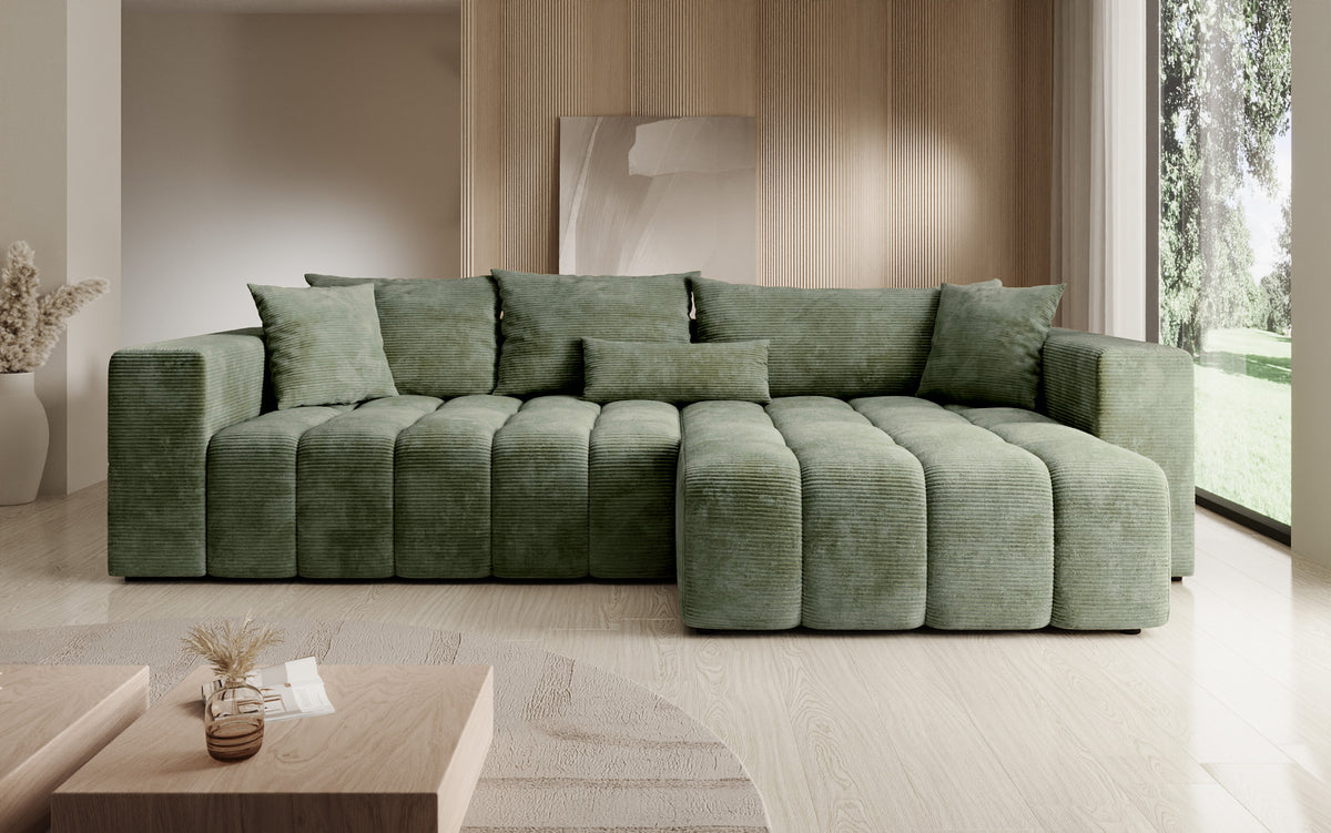 Canapé d’angle design Momo avec fonction couchage et rabattable en Côtelé