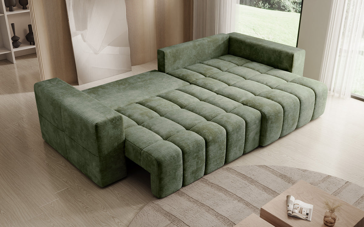 Canapé d’angle design Momo avec fonction couchage et rabattable en Côtelé