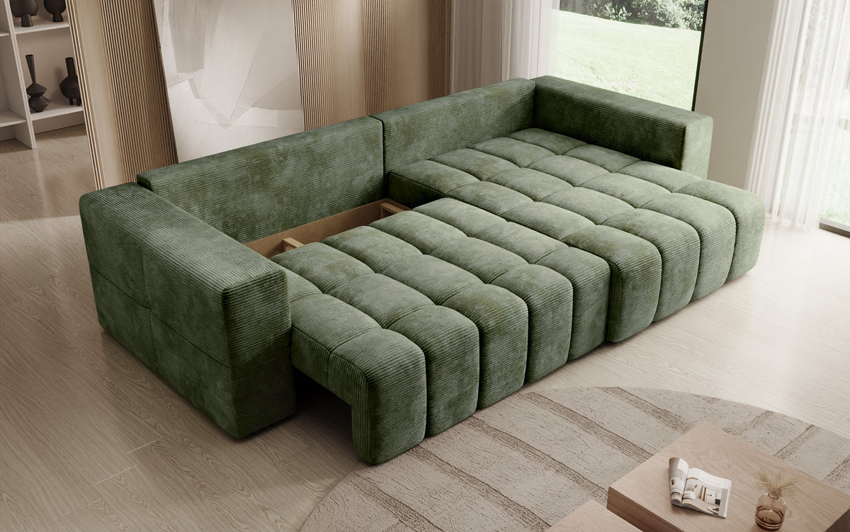 Canapé d’angle design Momo avec fonction couchage et rabattable en Côtelé