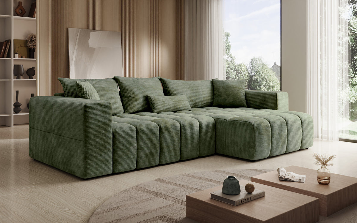 Canapé d’angle design Momo avec fonction couchage et rabattable en Côtelé