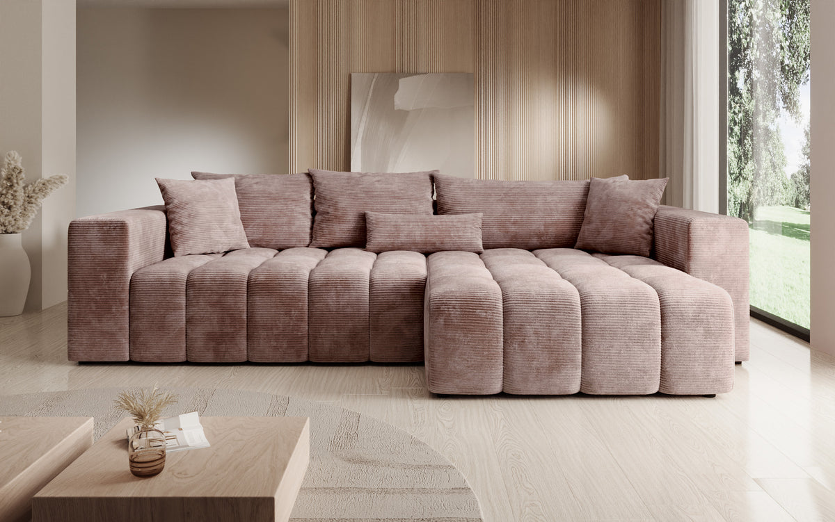 Canapé d’angle design Momo avec fonction couchage et rabattable en Côtelé
