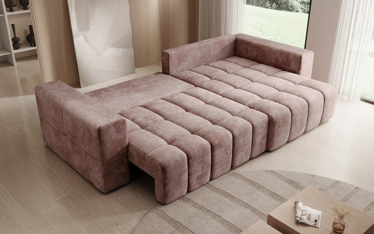 Canapé d’angle design Momo avec fonction couchage et rabattable en Côtelé