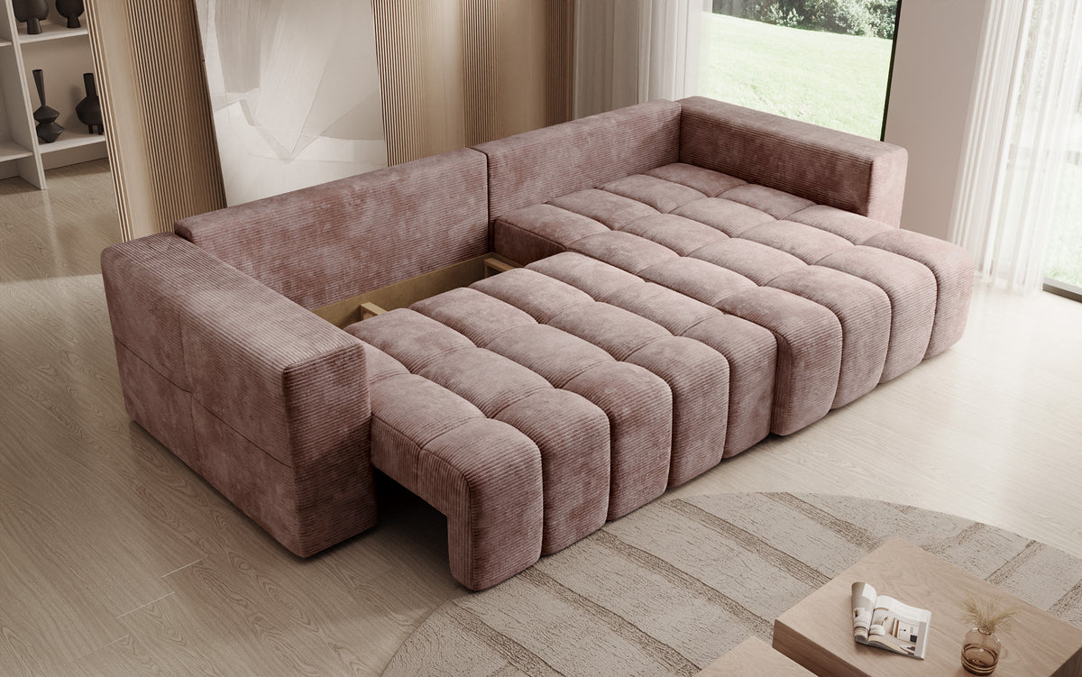 Canapé d’angle design Momo avec fonction couchage et rabattable en Côtelé