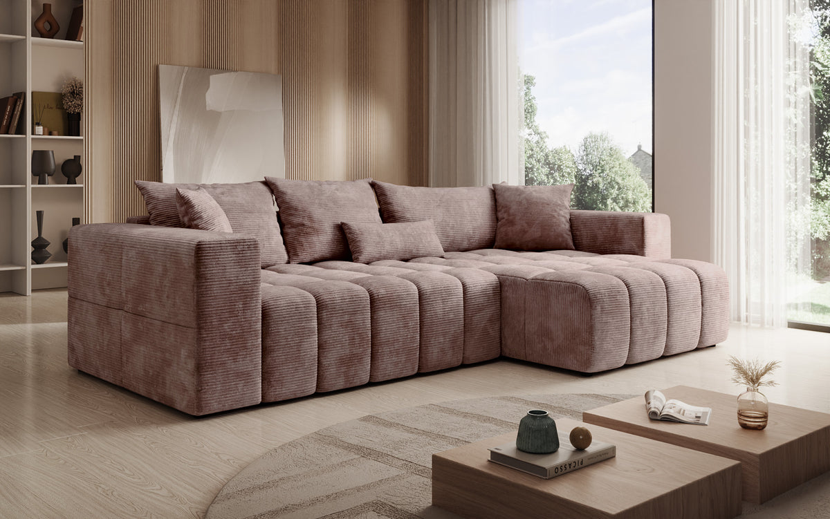 Canapé d’angle design Momo avec fonction couchage et rabattable en Côtelé