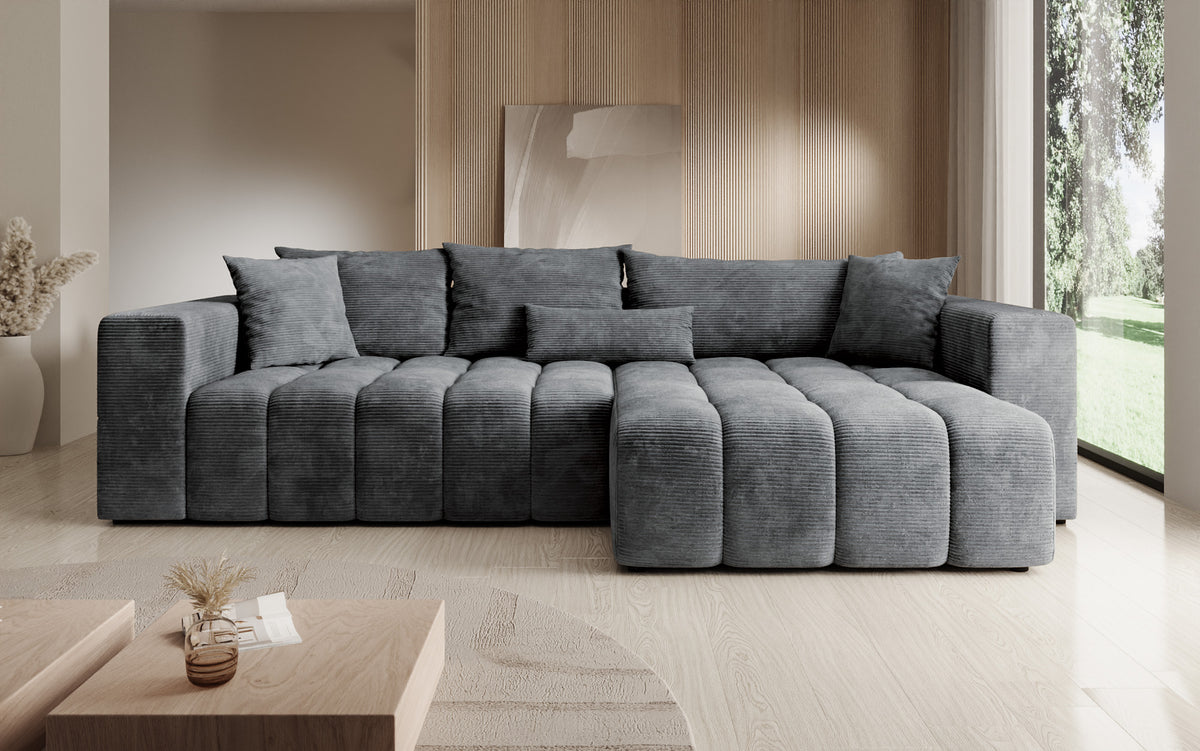 Canapé d’angle design Momo avec fonction couchage et rabattable en Côtelé