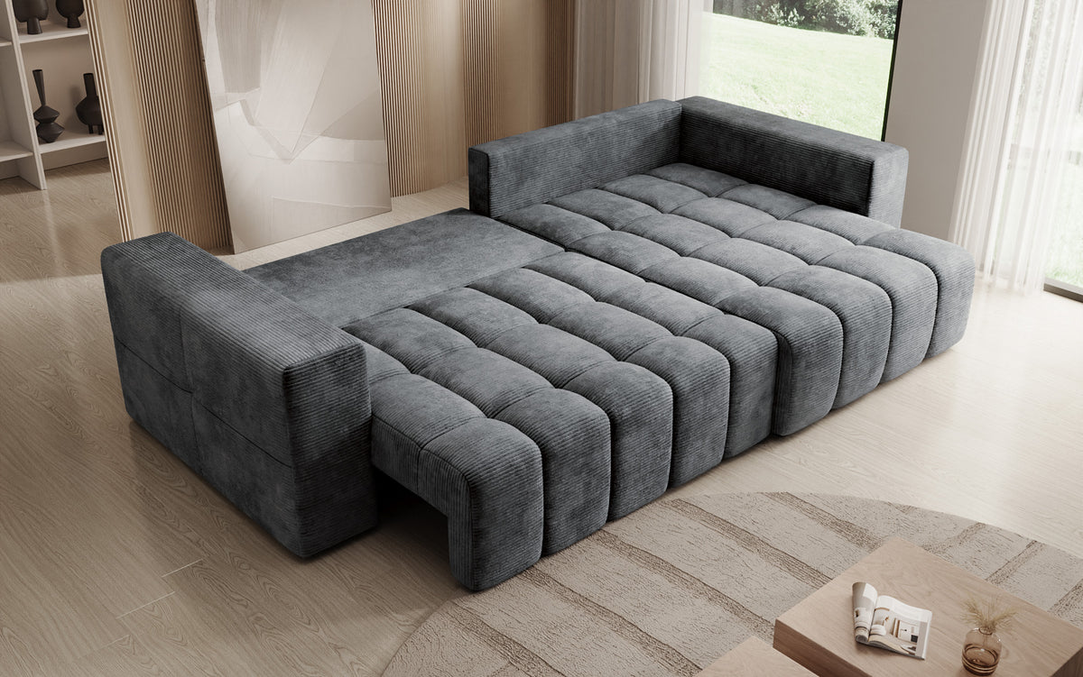 Canapé d’angle design Momo avec fonction couchage et rabattable en Côtelé