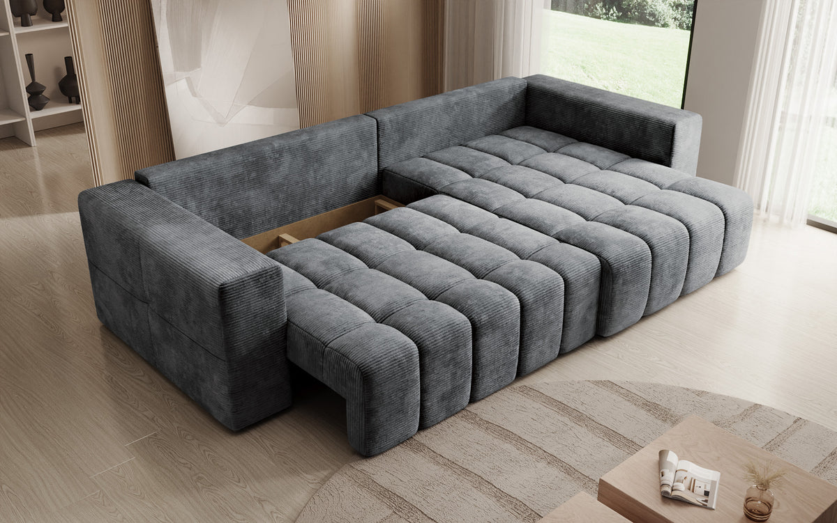 Canapé d’angle design Momo avec fonction couchage et rabattable en Côtelé