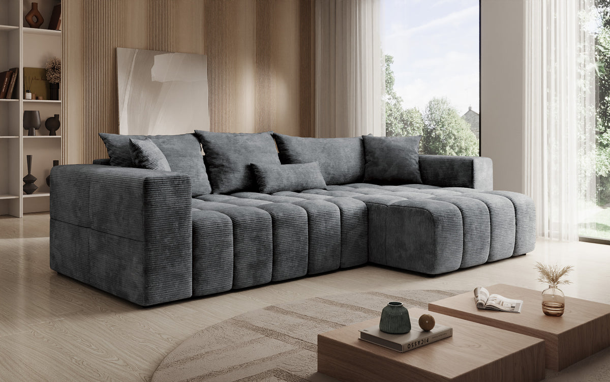 Canapé d’angle design Momo avec fonction couchage et rabattable en Côtelé