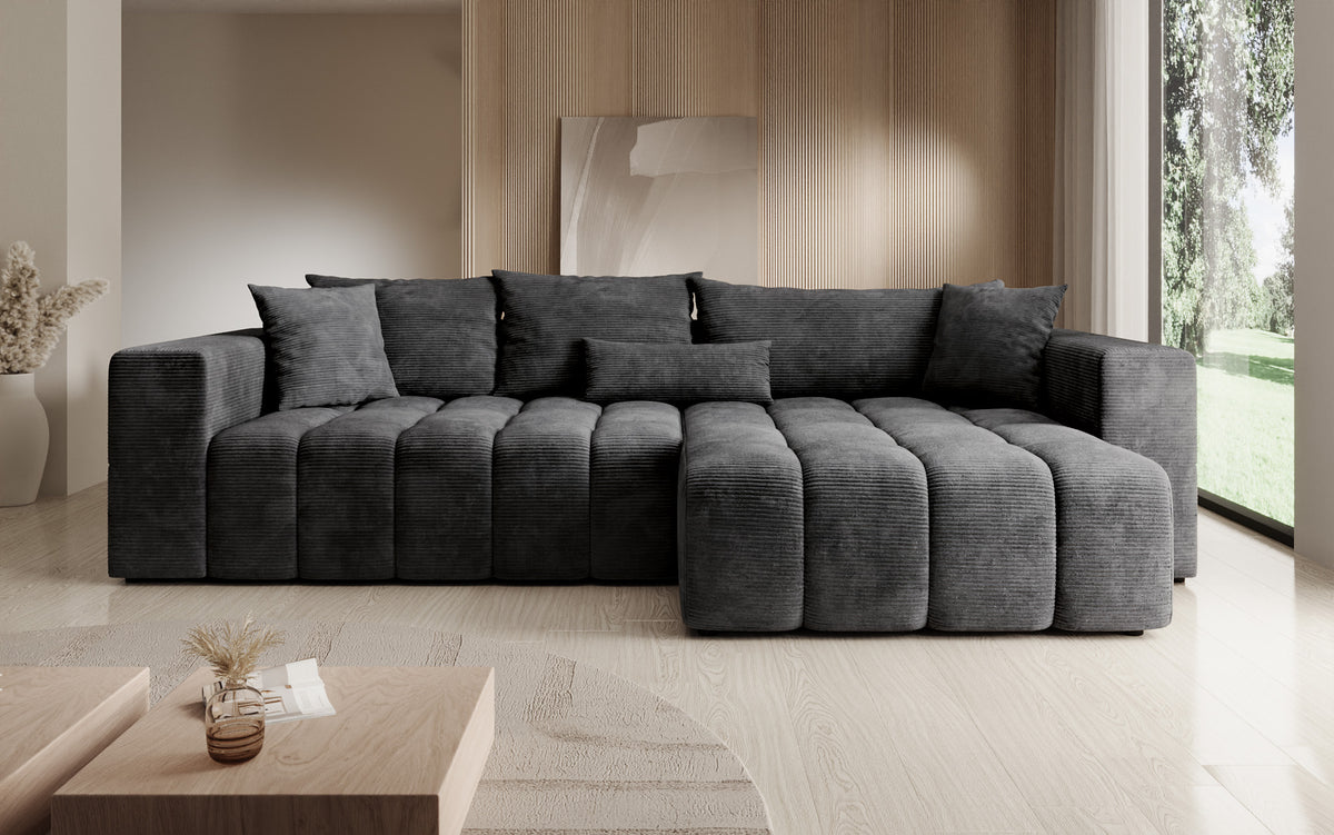 Canapé d’angle design Momo avec fonction couchage et rabattable en Côtelé