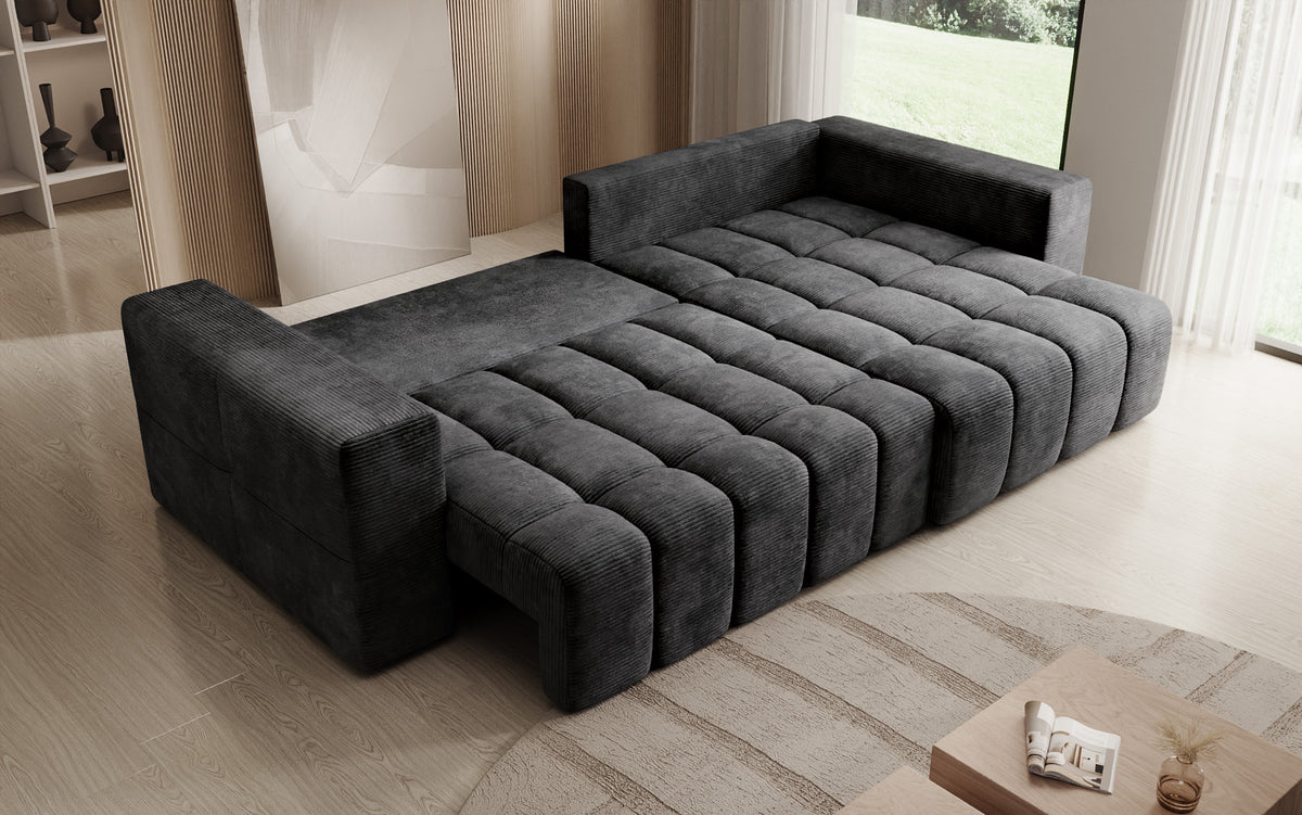 Canapé d’angle design Momo avec fonction couchage et rabattable en Côtelé