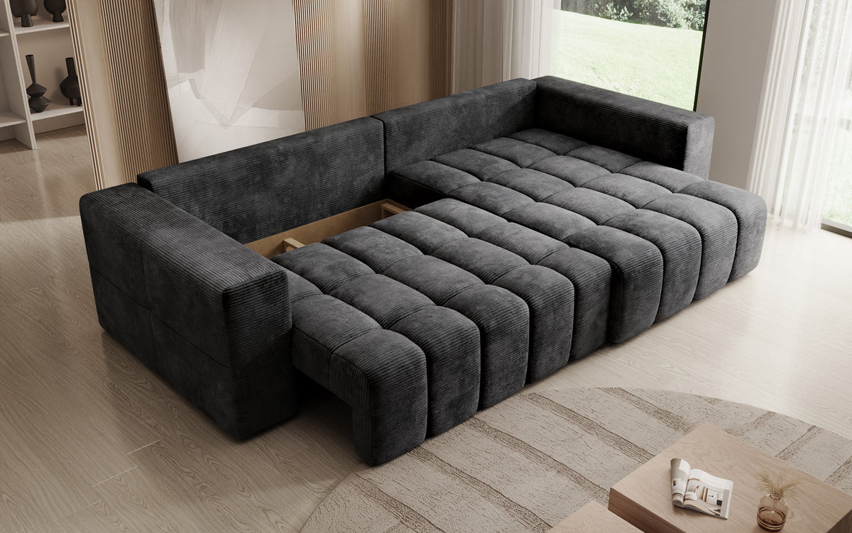 Canapé d’angle design Momo avec fonction couchage et rabattable en Côtelé