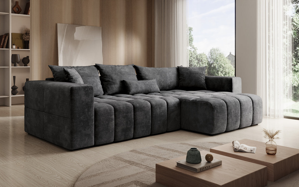 Canapé d’angle design Momo avec fonction couchage et rabattable en Côtelé