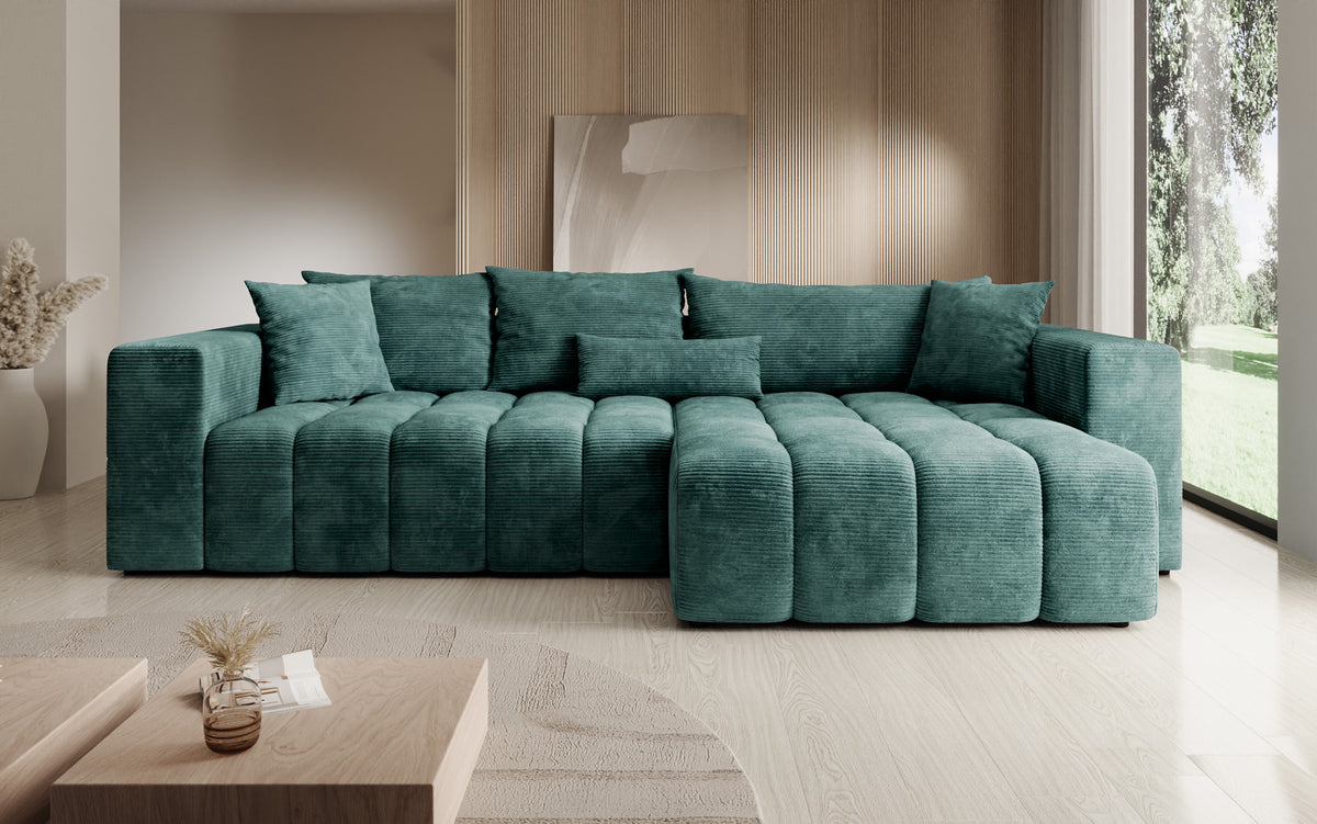 Canapé d’angle design Momo avec fonction couchage et rabattable en Côtelé