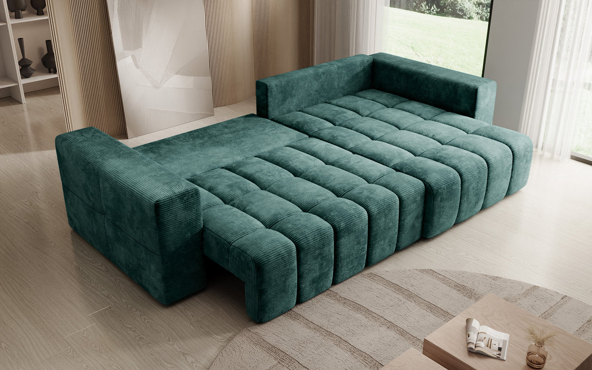 Canapé d’angle design Momo avec fonction couchage et rabattable en Côtelé