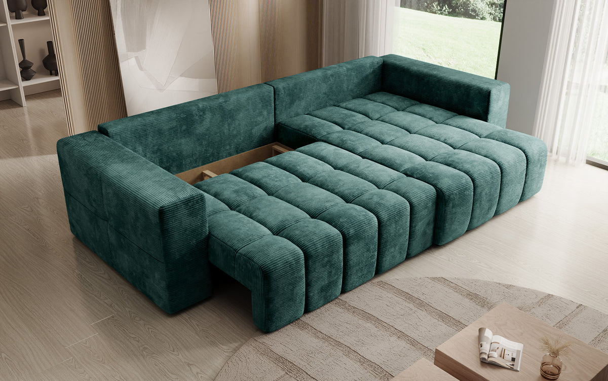 Canapé d’angle design Momo avec fonction couchage et rabattable en Côtelé