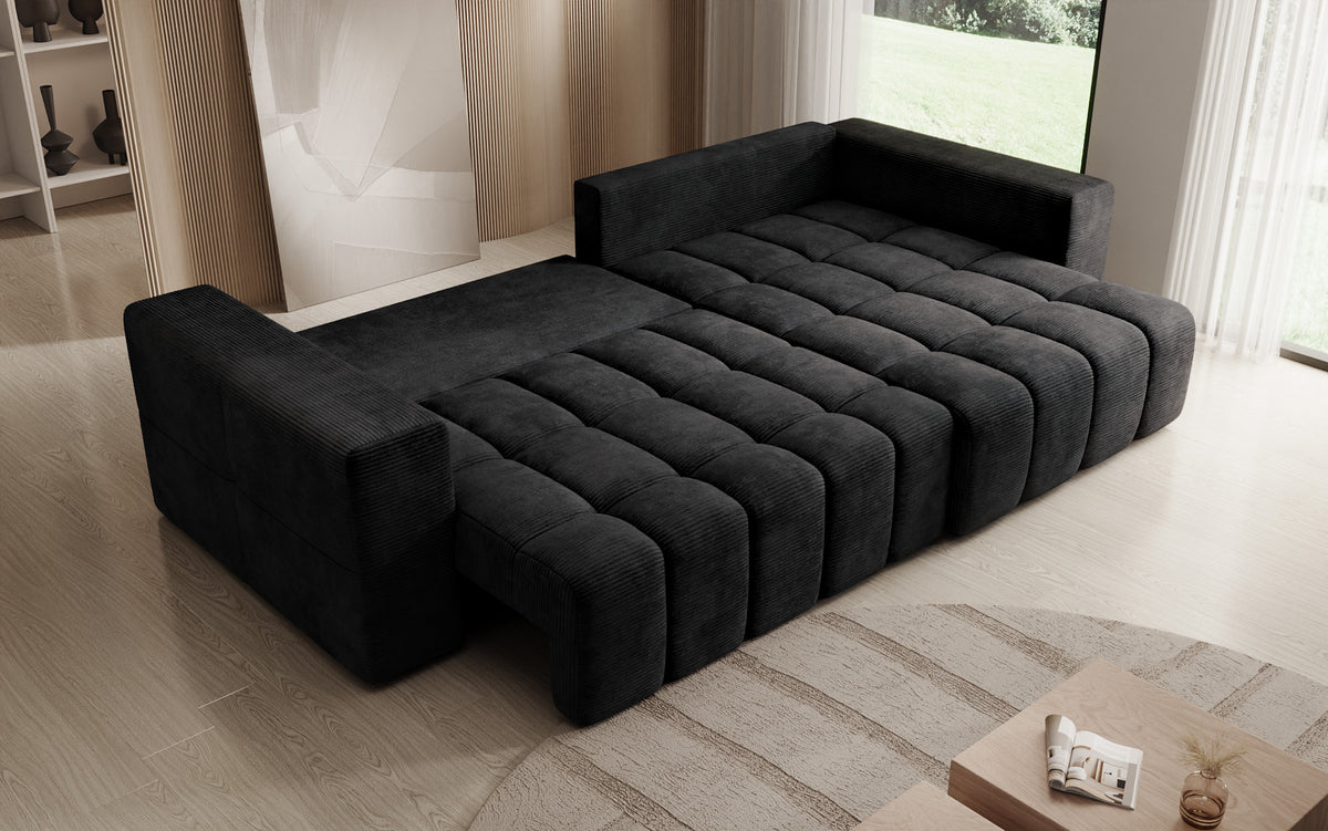 Canapé d’angle design Momo avec fonction couchage et rabattable en Côtelé