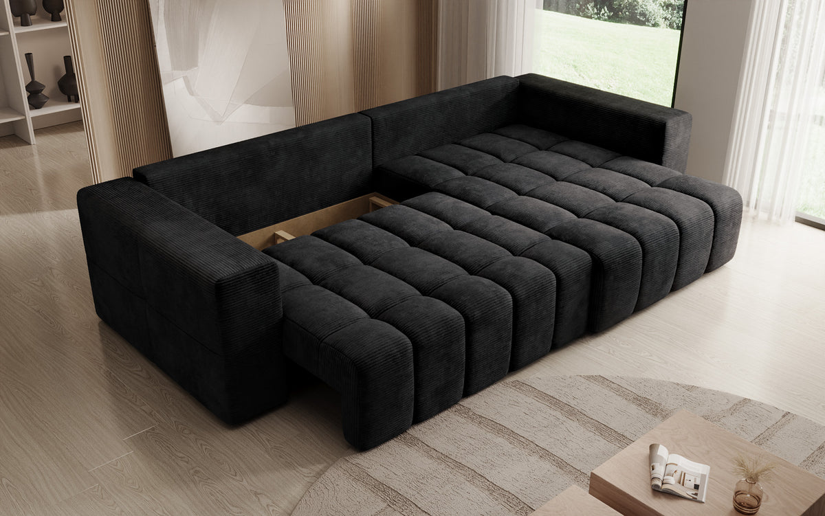 Canapé d’angle design Momo avec fonction couchage et rabattable en Côtelé